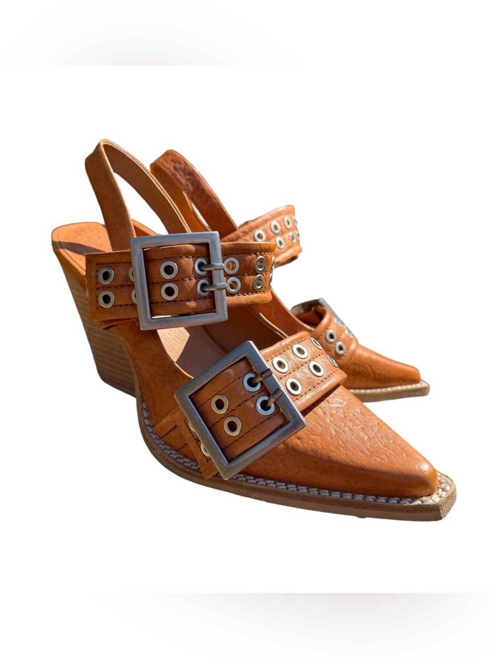 Jeffrey Campbell Carlie Tan Western Grommet Buckle Slingback Pumps Heels Sz 8
